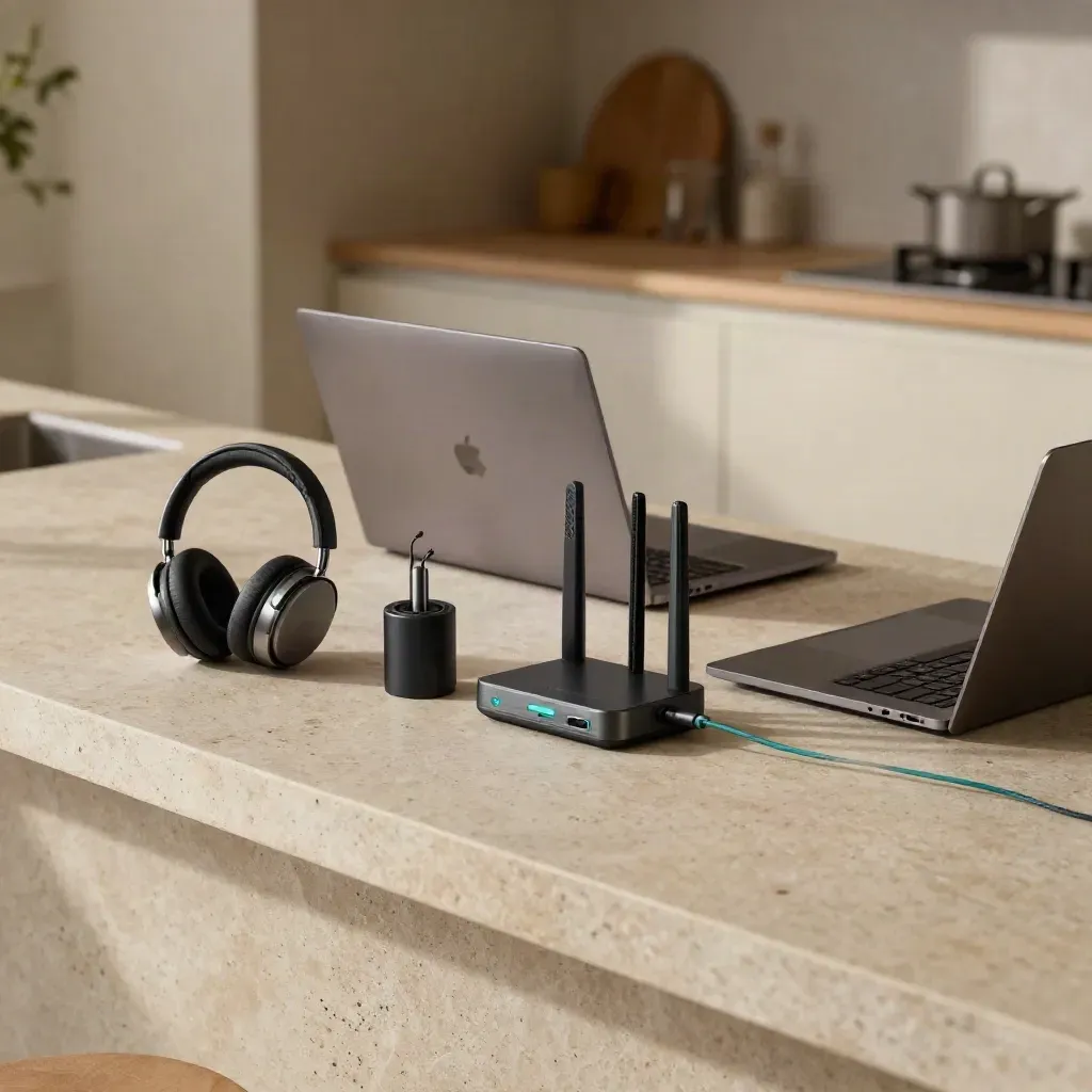 Dvě zavřené notebooky, headset, nabíječka a router na kamenné desce v ranním světle.