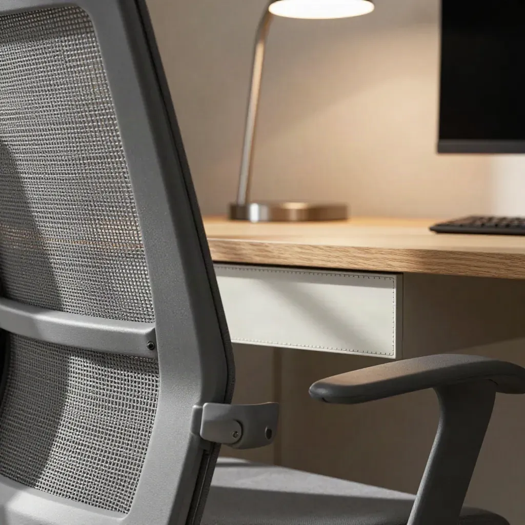 Makro rohu UX studia s ergonomickou židlí, lampou a měkkým světlem na wireframe deskách.