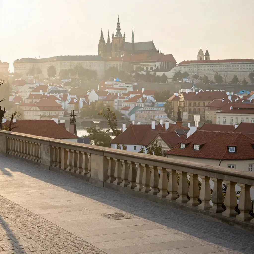 Pražský hrad a Vltava v ranní mlze nad střechami města.